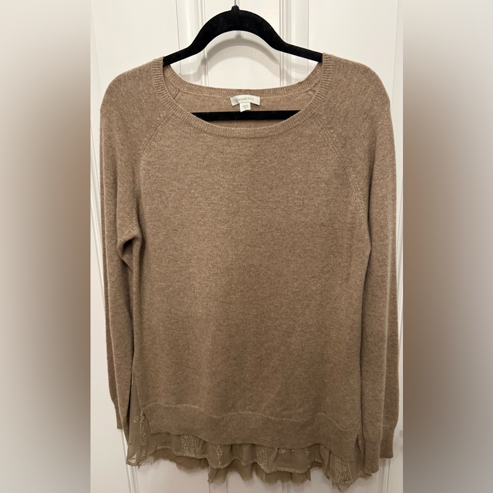 Garnet Hill Heather Beige 100% Cashmere Tunic Length Sweater w/Chiffon Trim